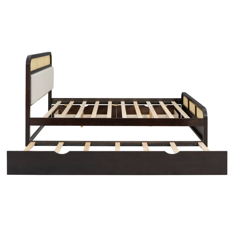 Rattan Platform Bed Queen Wooden Bed Frame with Twin Trundle and 2 Drawers, Headboard with Padded Cushion Mattress Not Included