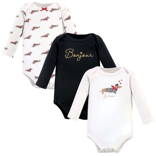 slide 1 of 1, Hudson Baby Infant Girl Cotton Long-Sleeve Bodysuits, Bonjour Dachshund 0-3 Months - Bonjour Dachshund
