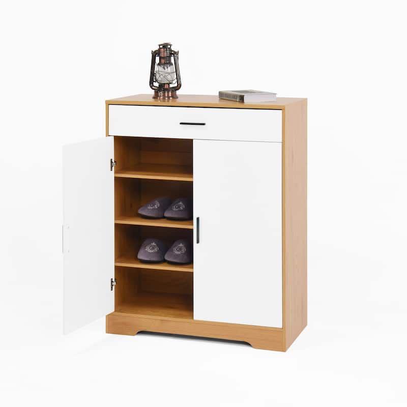 Freestanding Wooden Shoe Cabinet, 4-Tier Shoe Rack Organizer, Shoe Cabinet with Drawer, 2 Door & Adjustable Shelves