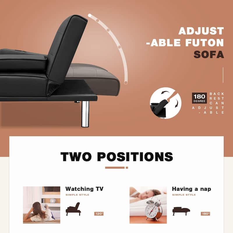 Furniwell Modern Faux Leather Futon with Cup Holders & Pillows, 65"