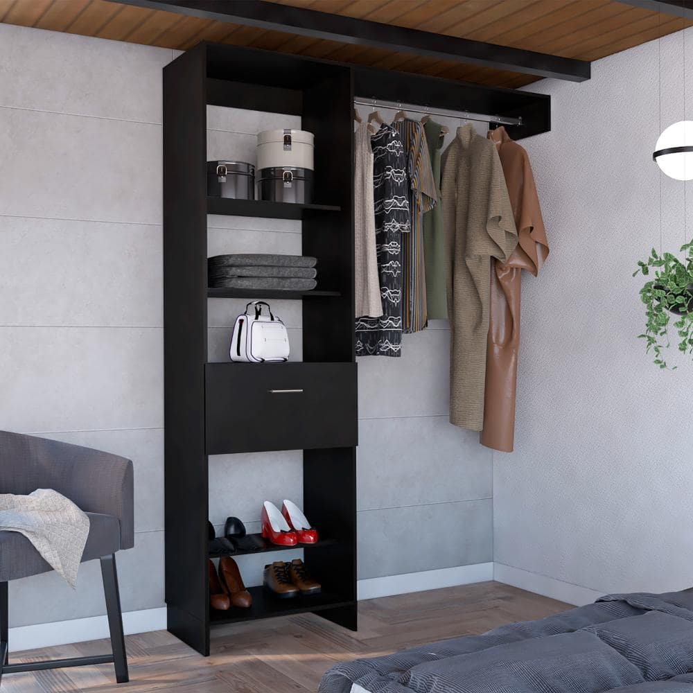150 Armoire Wardrobe Closet, Metal Rod, Five Open Shelves, One Drawer -Black