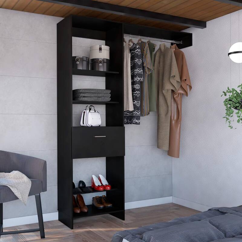 Closet System, Metal Rod, Five Open Shelves, One Drawer - Black