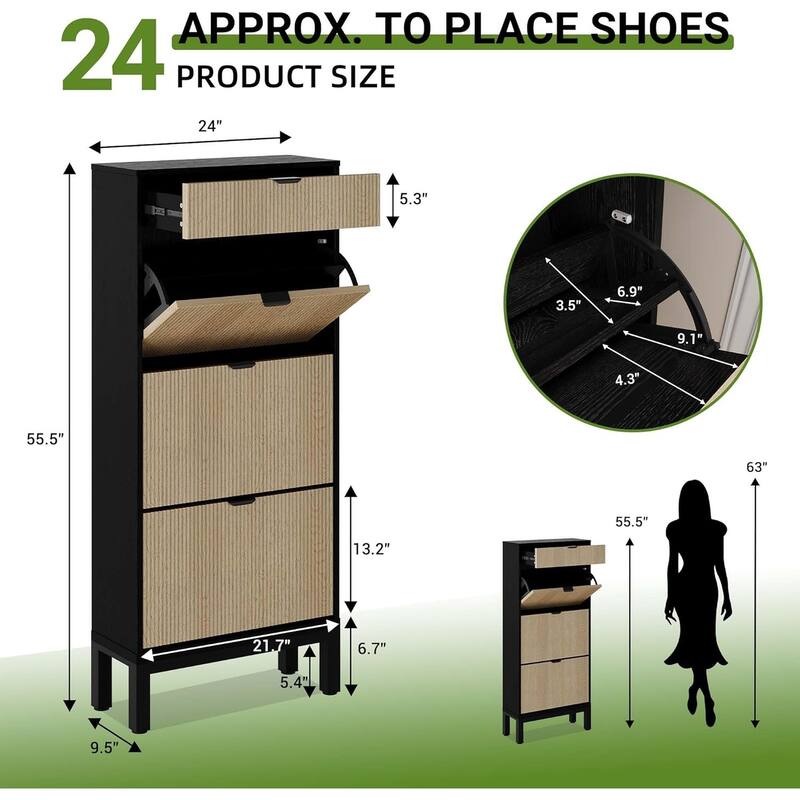 Shoe Storage Cabinet with 3 Flip Drawers, Fluted Shoe Organizer with Metal Legs