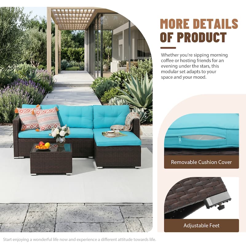 L-Shaped Outdoor Sectional Sofa, PE Wicker Patio Sofa Set with Table and Cushions