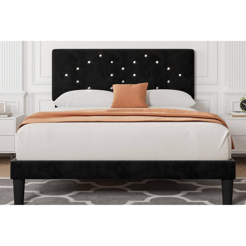 Bed Frames, Velvet Upholstered Bed Frame with Vertical Channel Tufted & Sturdy Wood Slats