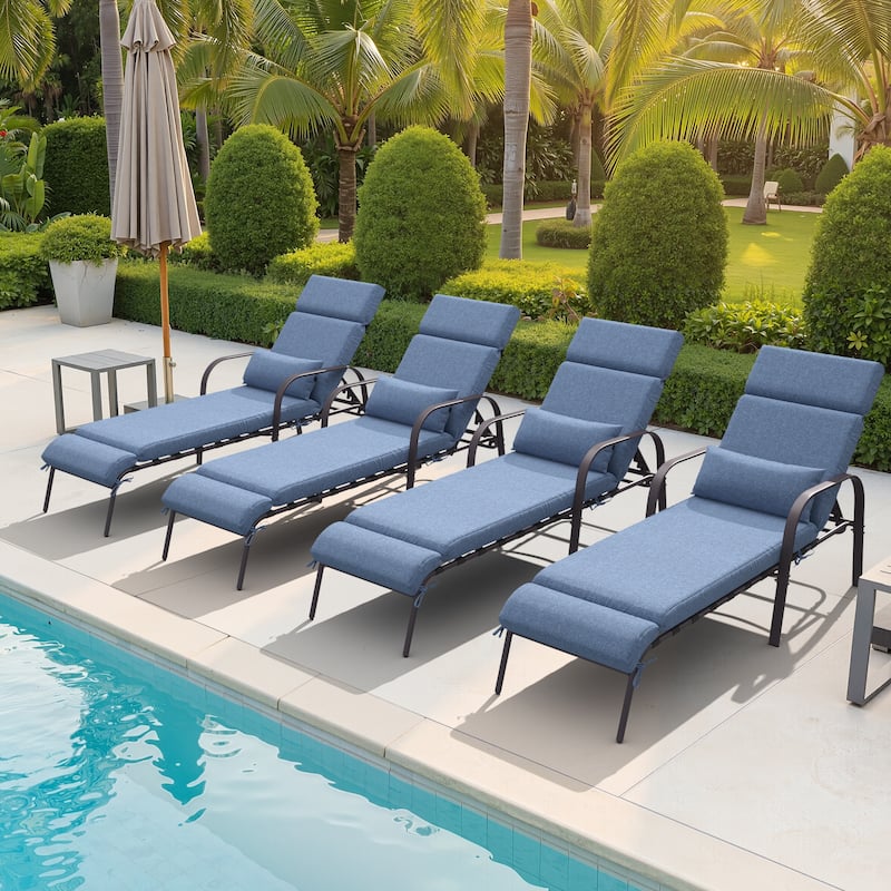 Outdoor Adjustable Patio Chaise Lounge Chair with Cushion Beach Poolside - DarkBlue-4PC