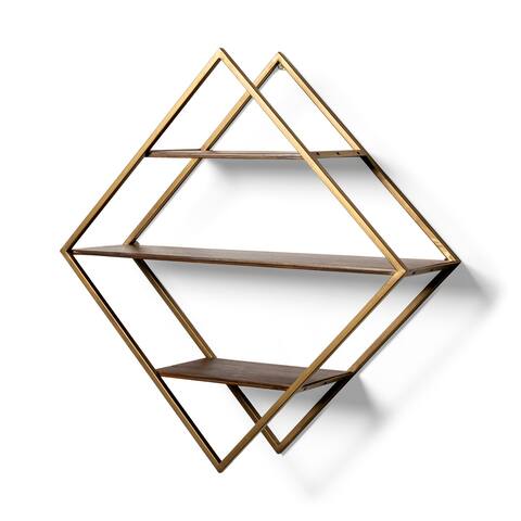Neil I Diamond Shaped Wall Mounted Brass Frame w/ 3 Wood Shelves - 29.8L x 8.0W x 29.8H