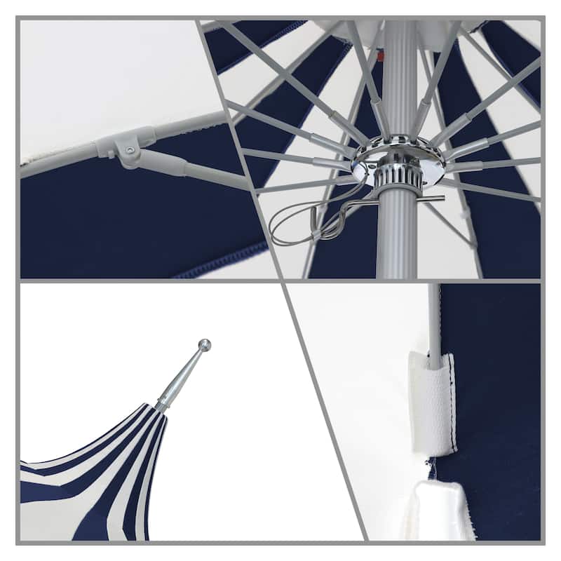 California Umbrella 8.5' Pagoda Series Patio Umbrella Silver Anodized Aluminum Pole Push Lift Sunbrella Natural & Pacific Blue