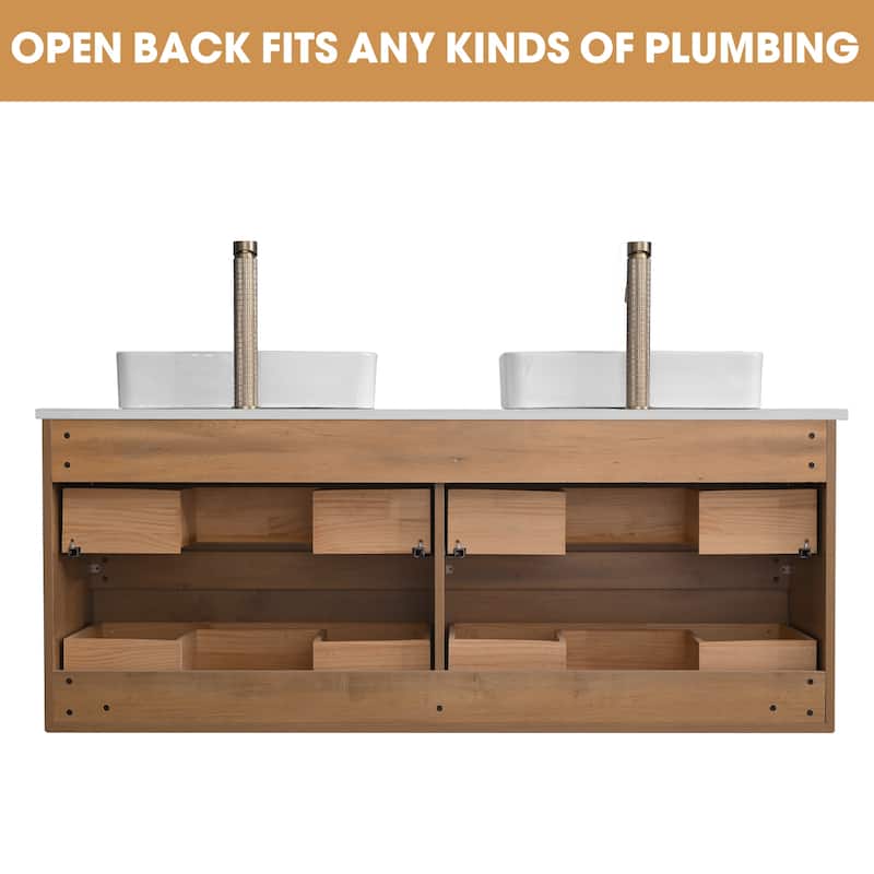 60" Floating Bathroom Vanity Quartz Counter Top with Double Ceramic Vessel Sink