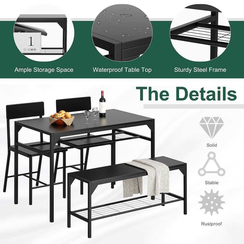 4-Piece Dining Set with Bench & Chairs - Space-Saving Table Set for Kitchen, Breakfast Nook