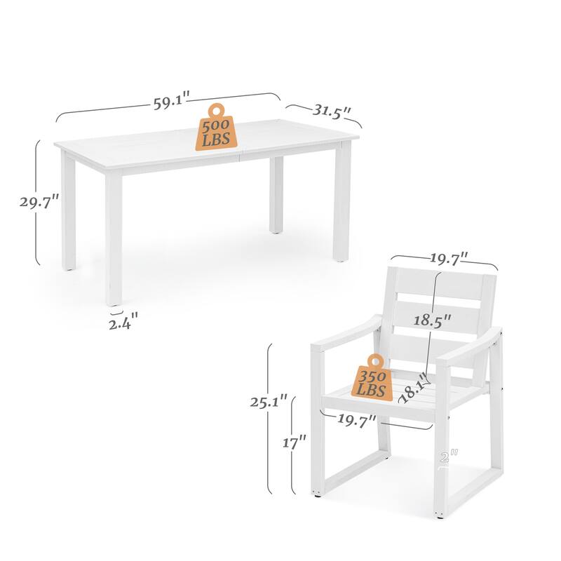 5-Piece HDPS Rectangular Patio Dining Set with Slatted Table Top and outdoor Armchairs - 23.6"D x 24.6"W x 34.6"H