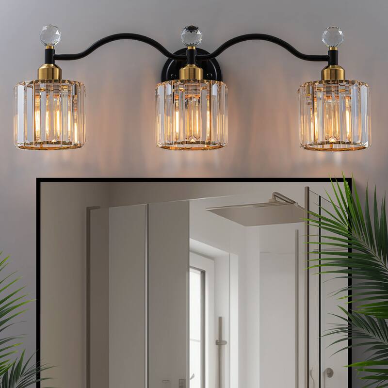 Starsky 3-Light Modern Crystal Bathroom Vanity Fixture with Ribbed Glass Shades and Sparkling Crystal Ball Accents