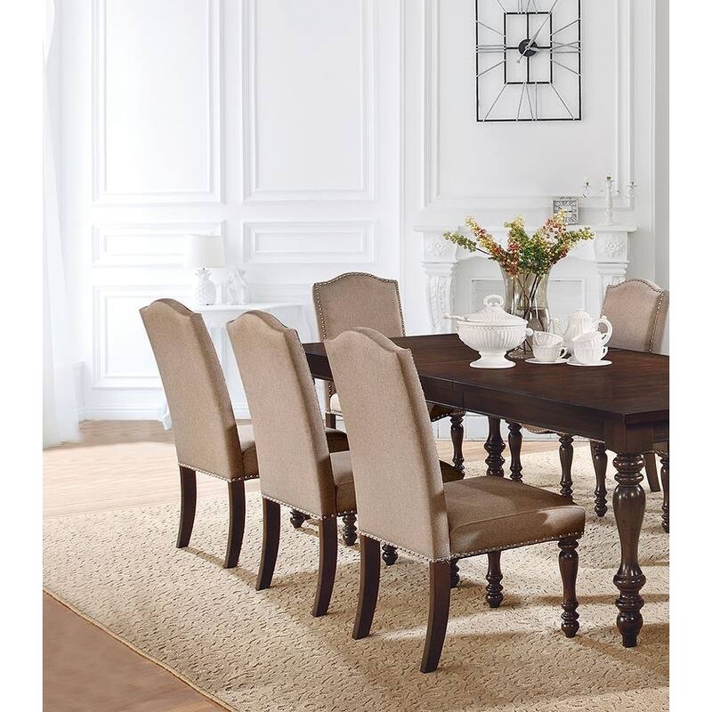 2PCS Padded Fabric Side Chairs with Turned Legs - Beige+Brown