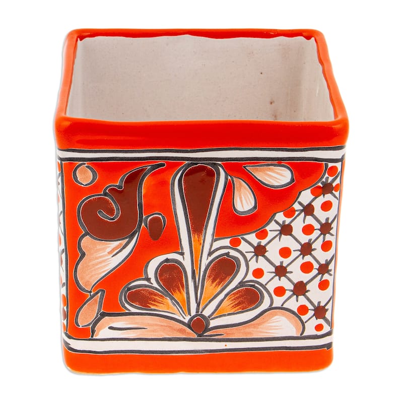 Novica Handmade Hacienda Scenes In Vermilion Ceramic Flower Pot