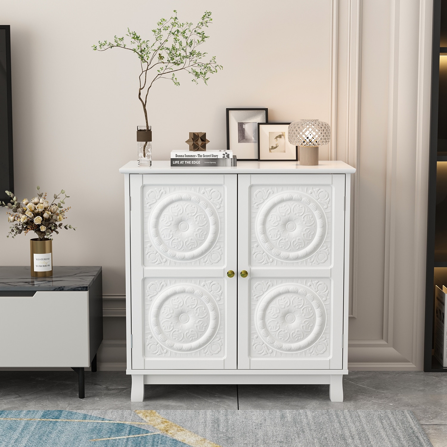 Entryway Cabinet with Doors Bookcase Storage Cabinet White Lacquer