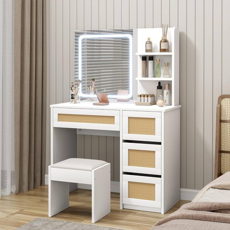 White Rattan Vanity Desk with Adjustable LED Light & Mirror, Makeup Table with 4 Drawers & 2 Open Shelves for Bedroom