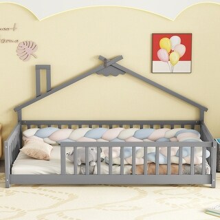 Twin House-Shaped Bedside Floor Bed with Guardrails and Slats