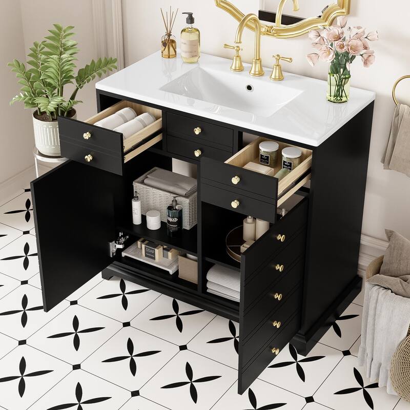 36" Ceramic Sink Bathroom Vanity Combo, Solid Wood Freestanding Vanity with 2 Drawers & Soft-Close Doors