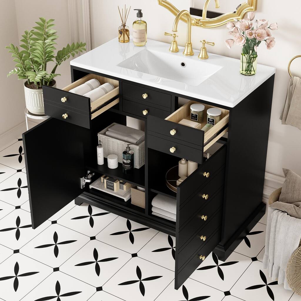 36-Inch Bathroom Vanity with Ceramic Sink, Solid Wood Frame, 2 Drawers & 2 Cabinets, Soft-Closing Hinges - 36in L Ceramic+MDF