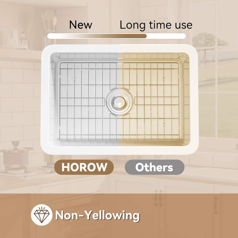 HOROW Undermount Fireclay 27 in. Single Bowl Kitchen Sink, with Grid and Strainer in White