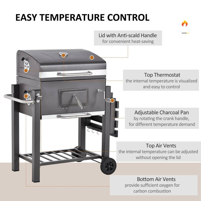 Outsunny Charcoal BBQ Grill Outdoor Portable Trolley Camping Picnic Backyard with Side Shelf Grey - 45.25"L x 22"W x 42.5"H