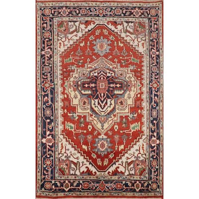 Orange Heriz Serapi Oriental Accent Rug Handmade Wool Carpet - 4'0" X 5'11"