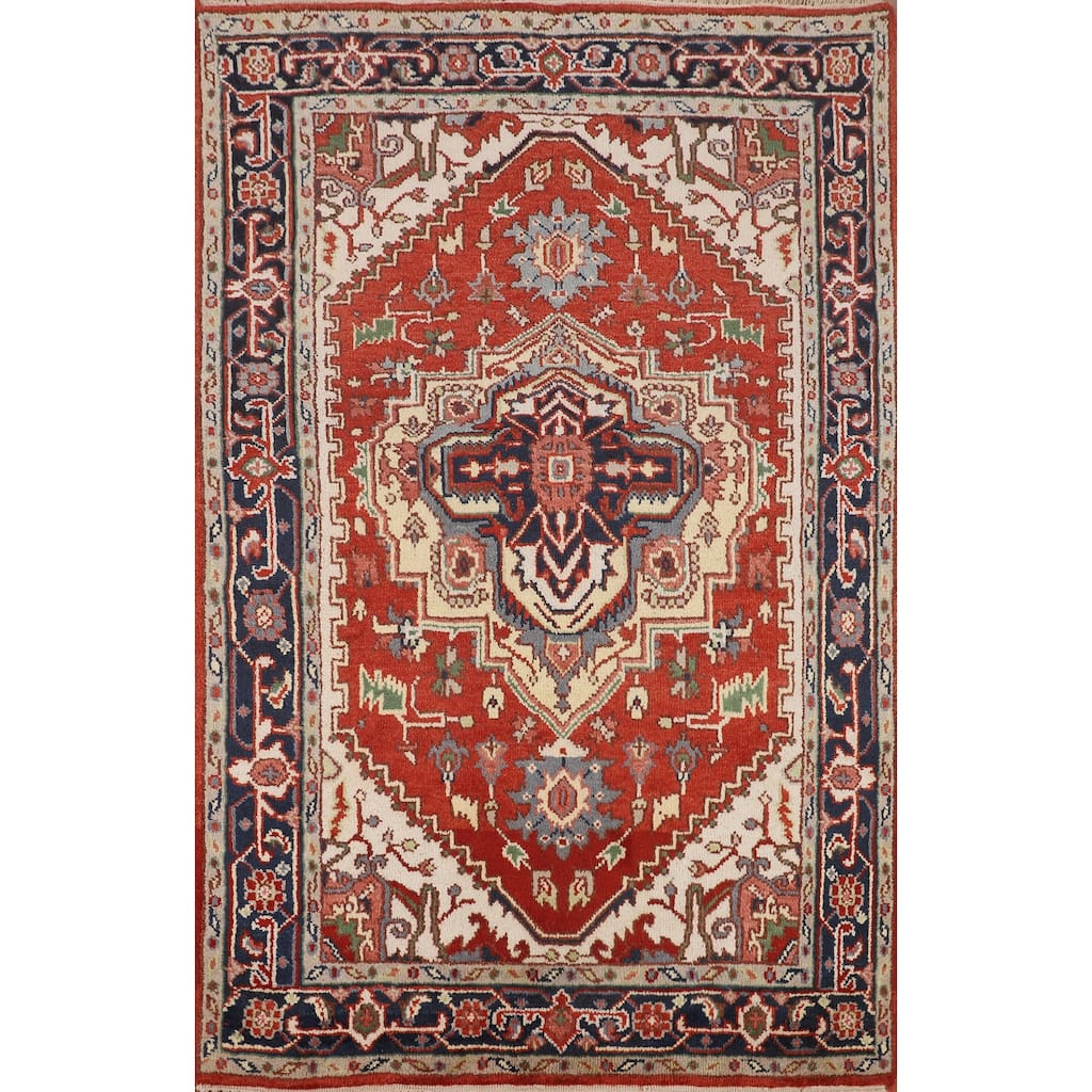 Orange Heriz Serapi Oriental Accent Rug Handmade Wool Carpet - 4'0" X 5'11"