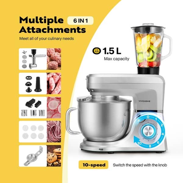 6-in-1 8.5Qt Stand Mixer With Attachments - Meat Grinder, Blender, Pasta Maker, Slicer - 660W, 10 Speeds