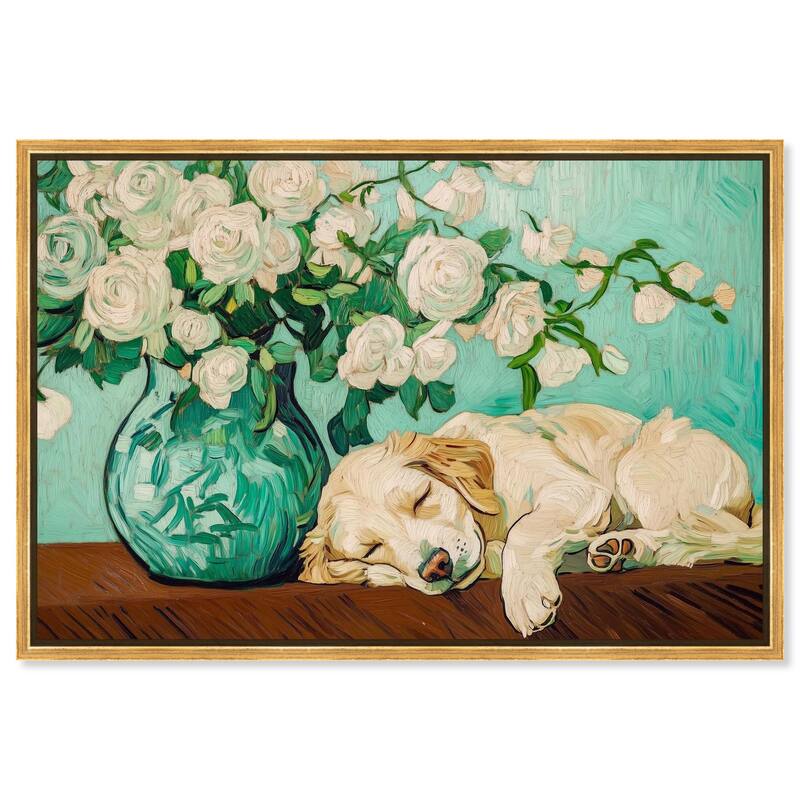 Rose Vase Puppy Canvas by Art Remedy - Gold - 54" x 36"