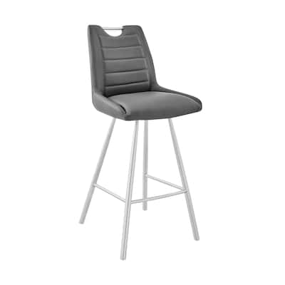 Modern 30 Inch Bar Height Stool in Grey Faux Leather with Steel Frame and Footrest for Kitchen - 42"H x 21"W x 19"D