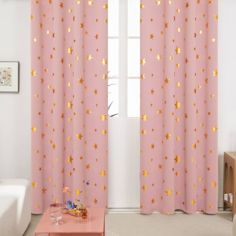 Gold Star Foil Room Darkening Curtains for Kids 2 Panels