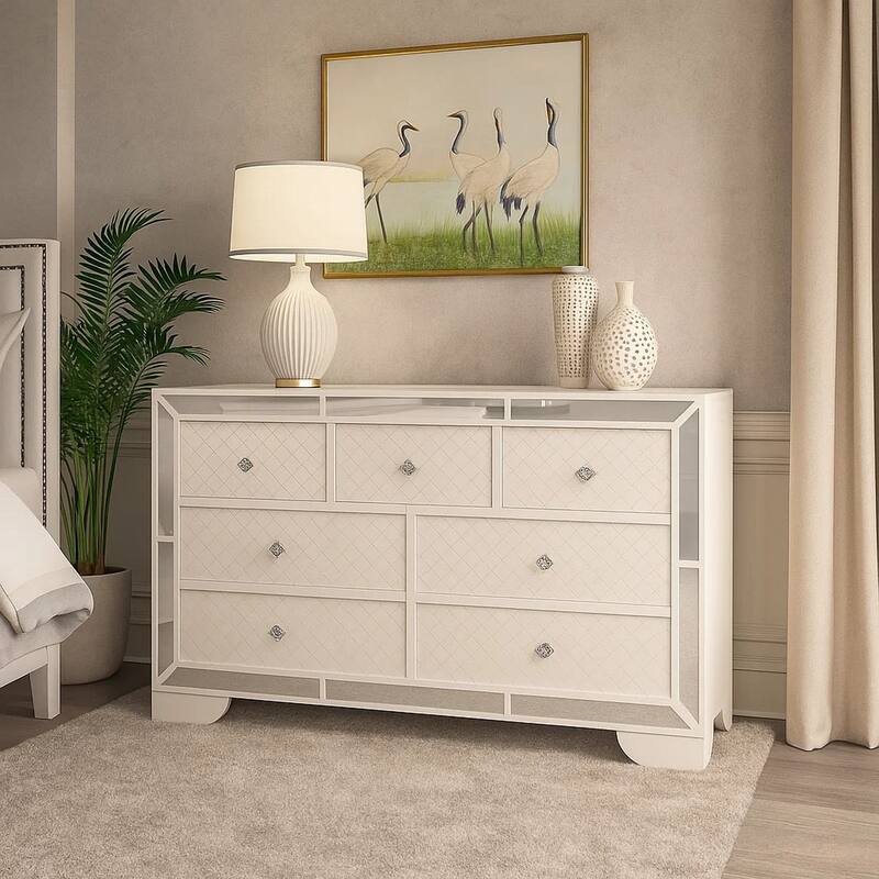 Athon Wide Dresser with 7 Drawers, Diamond Patterns, Ivory Wood