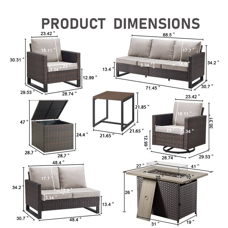 Gymojoy 9 Piece All-Weather Wicker Outdoor Patio Family Conversation Set Group With Fire Pit Table