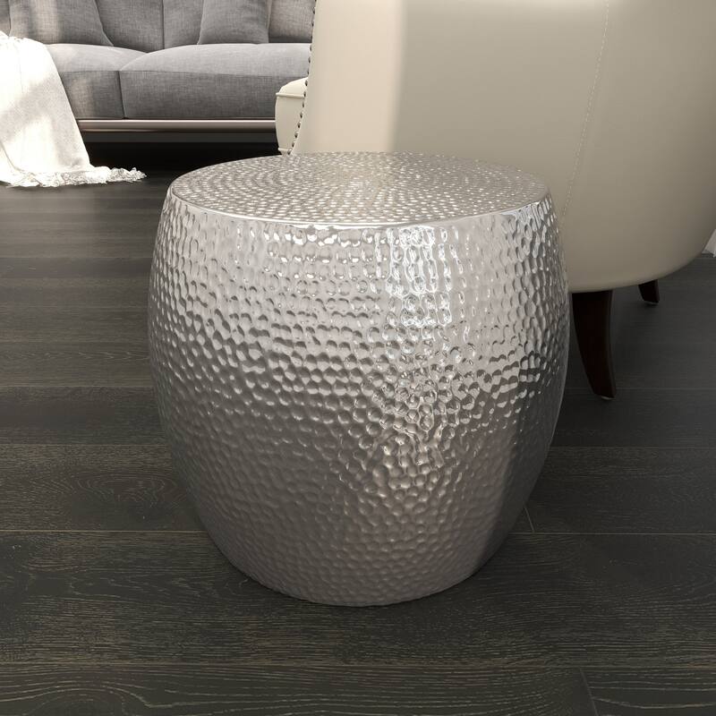 Silver Aluminum Metal Drum Shaped Accent Table with Hammered Design