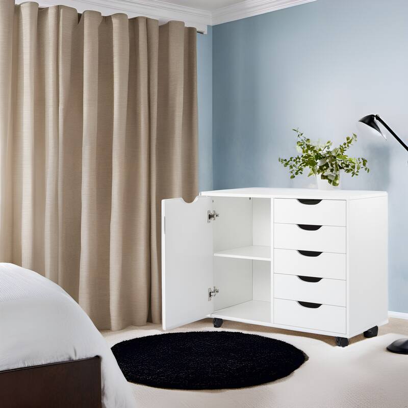 Wooden 5-Drawer Office Storage Cabinet with Extra Shelf and 360° Mobility for Effortless Organization