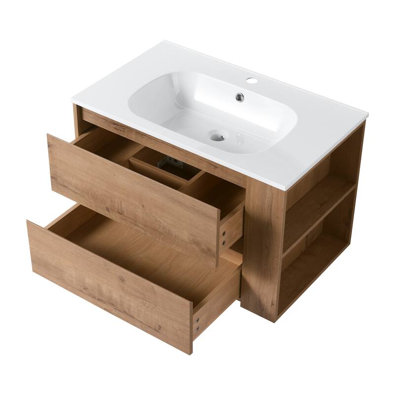 30" Wall-Mounted Bathroom Vanity with Gel Basin, Soft-Close 2/3 Extended Drawers, Adjustable Side Rack