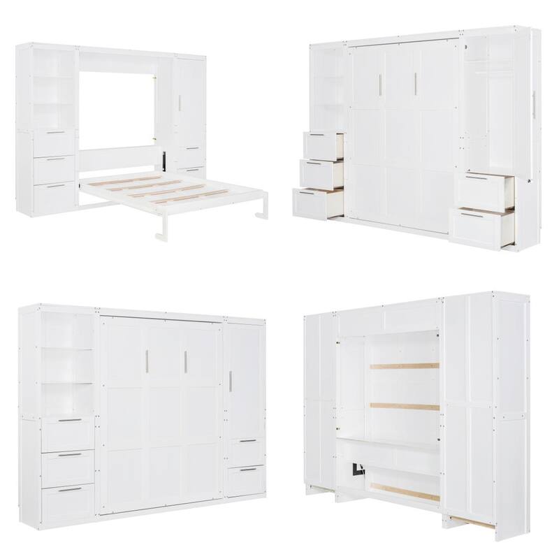 Queen Size Wood Murphy Bed with Wardrobe,Drawers and Shelves