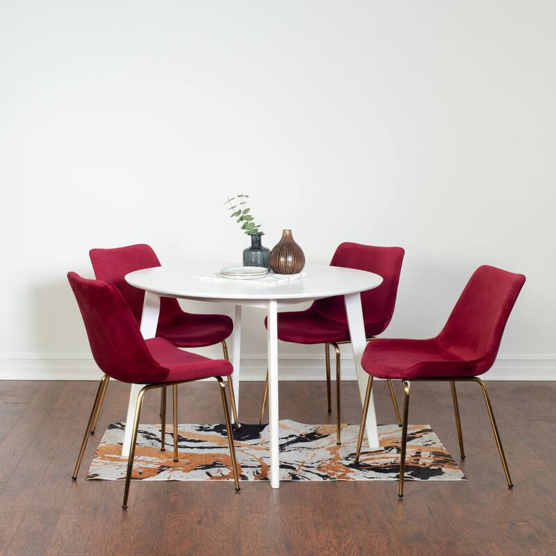 Modern Dining Set with Round Table & Velvet Upholstered Chairs - 5-Piece Sets - White+Red