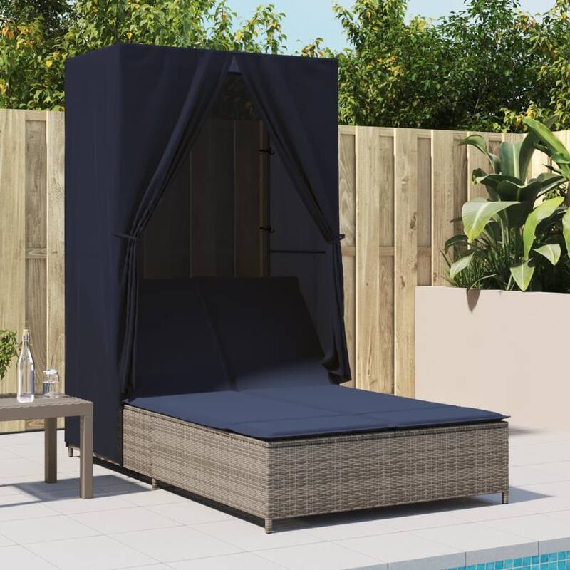 vidaXL Double Sun Lounger with Roof and Curtains Poly Rattan Brown/Gray/Black - 40.9" x 77.6" x 76"