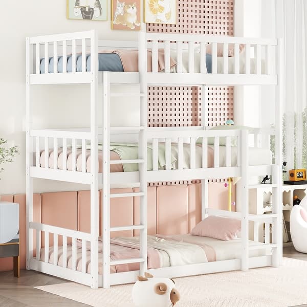 slide 2 of 39, Twin Size Triple Bunk Bed with Ladders, Wood Detachable Bunk Bed with Guardrails White