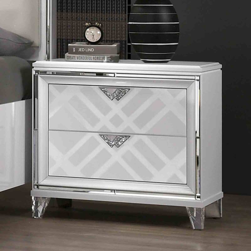 Contemporary Nightstand with USB Port & Hidden Jewelry Drawer - White Finish, Acrylic Legs