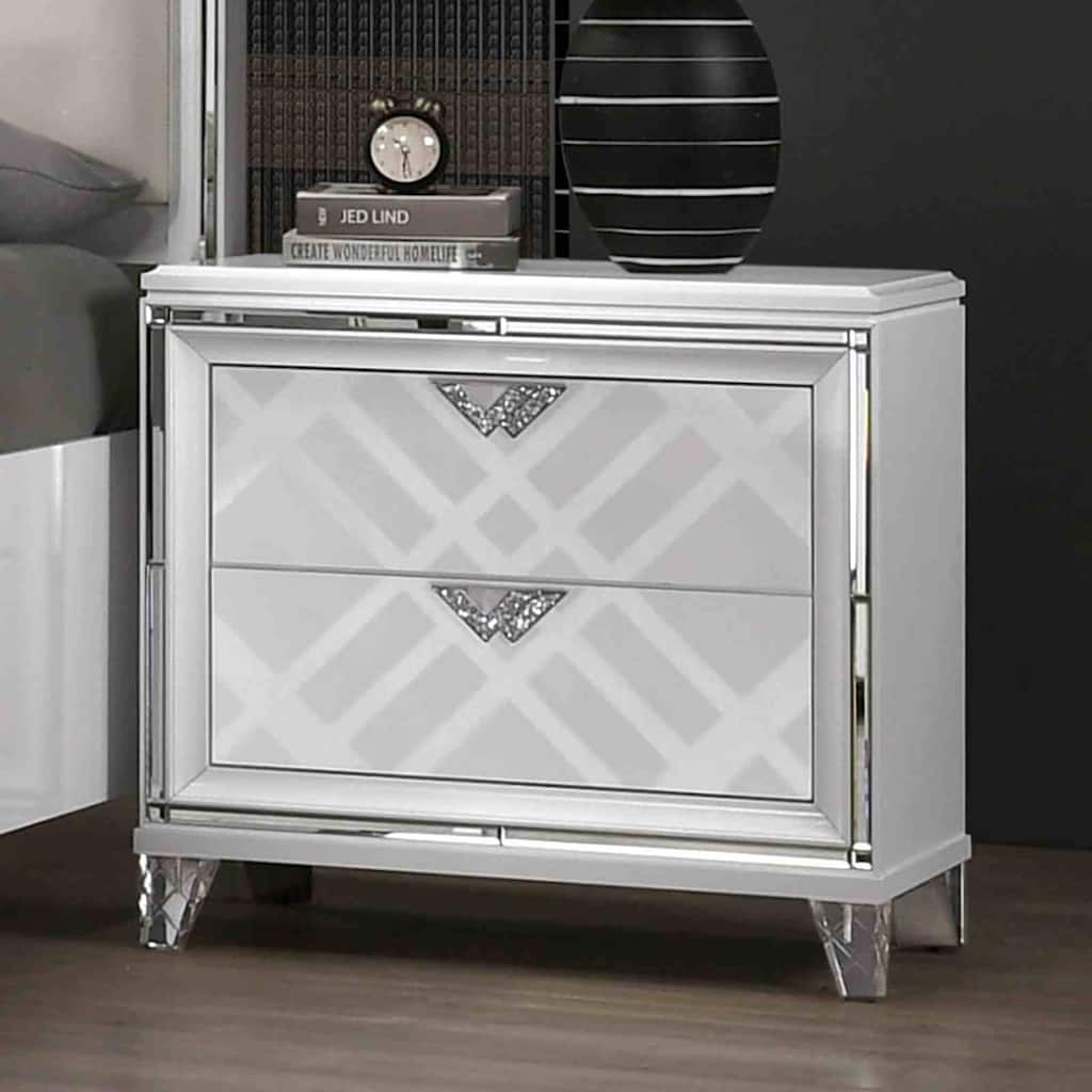 Contemporary Nightstand with USB Port & Hidden Jewelry Drawer - White Finish, Acrylic Legs