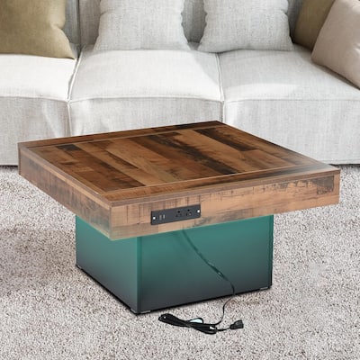Farmhouse Rustic Coffee Table with USB Port and AC Outlet, LED Light, Non-Slip Feet for Living Room