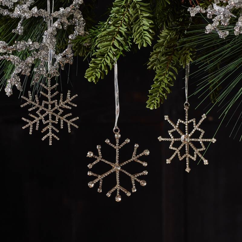 12 Silver Glitter JeweLED Assorted Snowflake Christmas Ornaments 3.5"