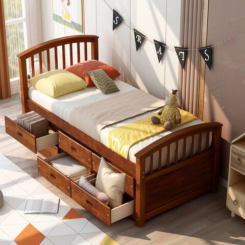 Solid wood Twin Size Platform Storage Bed with Six Drawers, Solid Wood Slat Support, with Headboard, Safey Rail for Kids