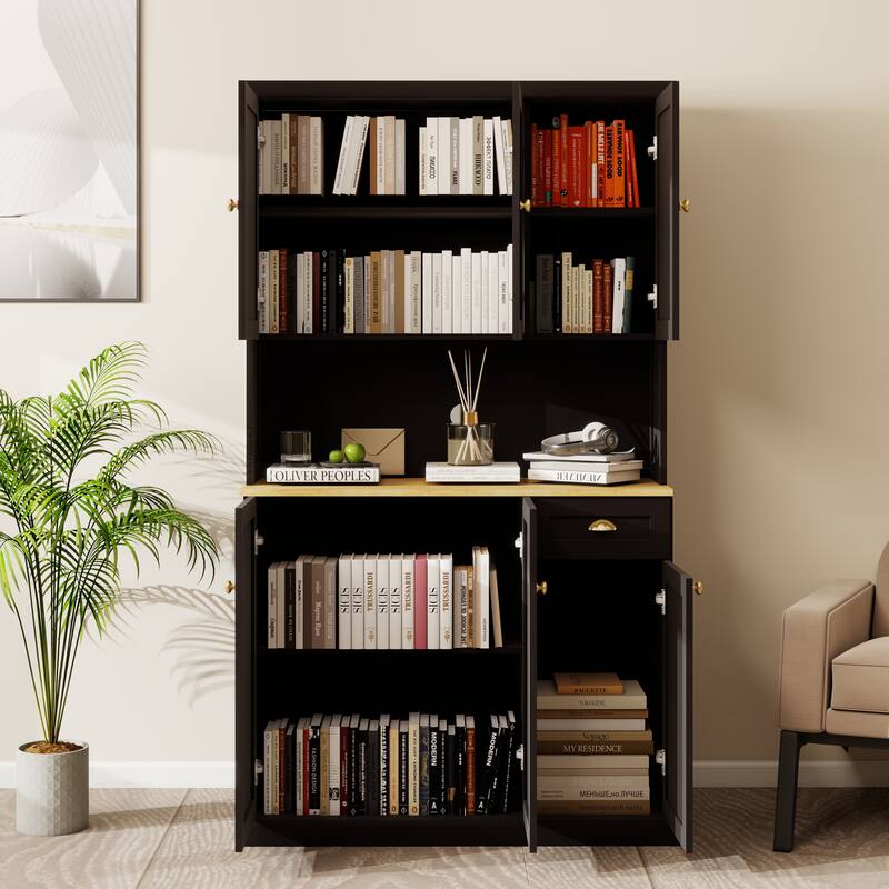 Kitchen Pantry with Microwave Oven Countertop, Hutch Cabinet with Adjustable Shelves, Storage Cabinet with 6 Doors and 1 Drawer