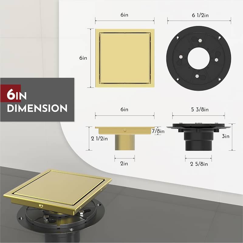 4/6-Inch Square Shower Drain, Reversible Tile Insert