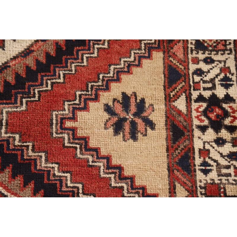 Geometric Red Ardebil Persian Vintage Runner Rug Handmade Wool Carpet - 3'6"x 10'7"