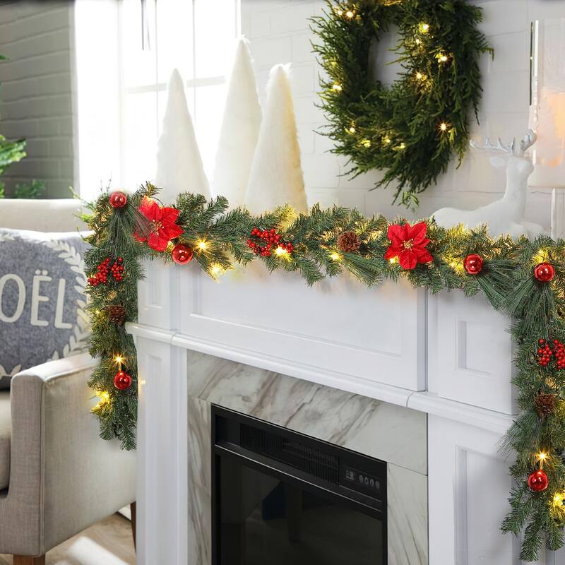 6 ft Christmas Garland for Mantle, Battery Operated Poinsettia Garland - N/A