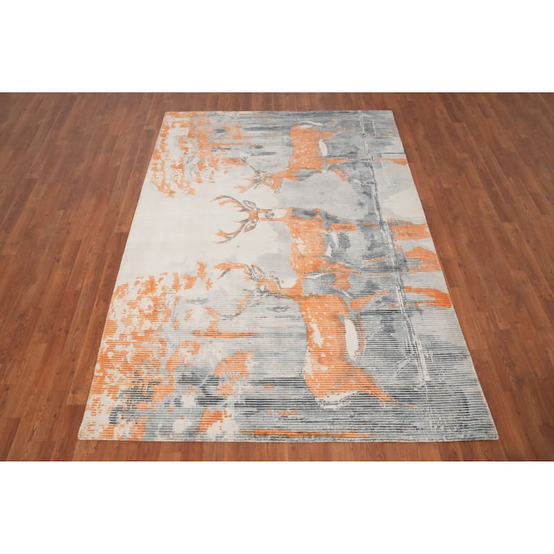 Hand Knotted Oriental Viscose Silk Carpet Modern Animal Pictorial Greys & Charcoal Abstract Area Rug - 7' 9'' X 5' 5''